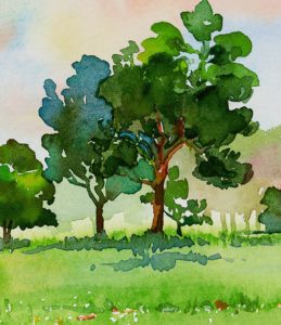 Watercolor landscape painting of natural beauty red flowers tre
